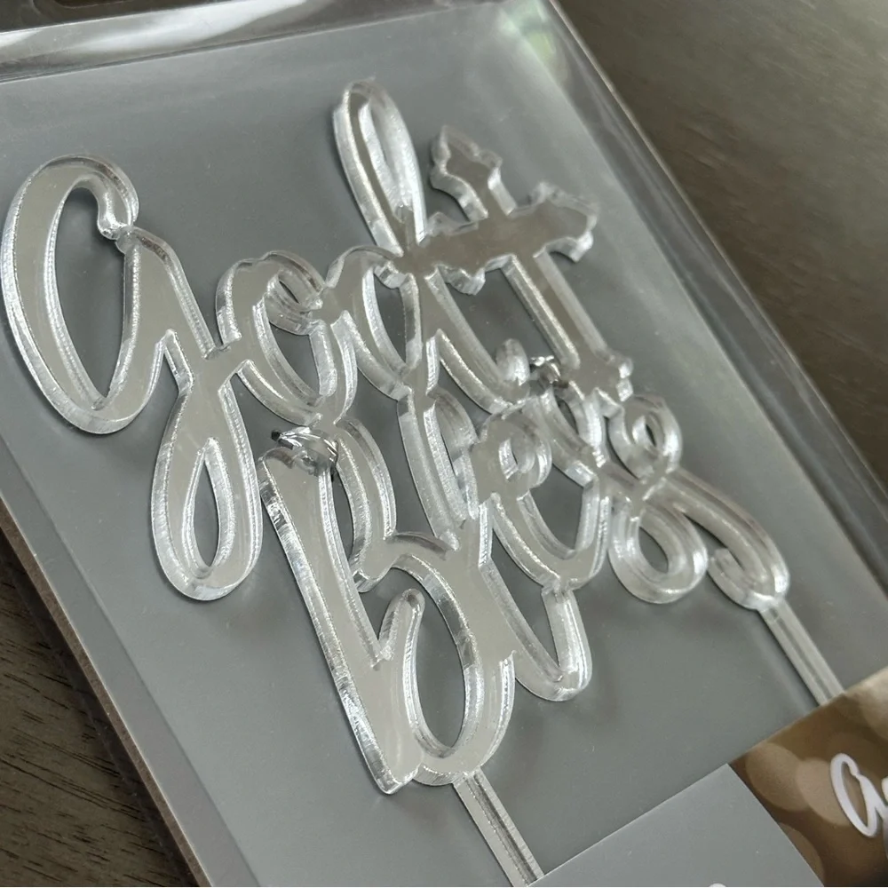 AMSCAN Metallic Silver God Bless Mirrored Cake Topper New